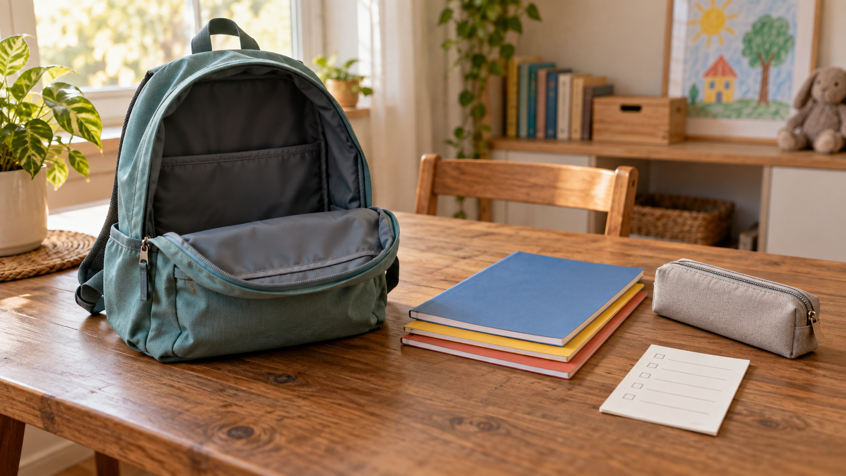 Zaino scolastico aperto con quaderni e astuccio ordinati su un tavolo di casa
