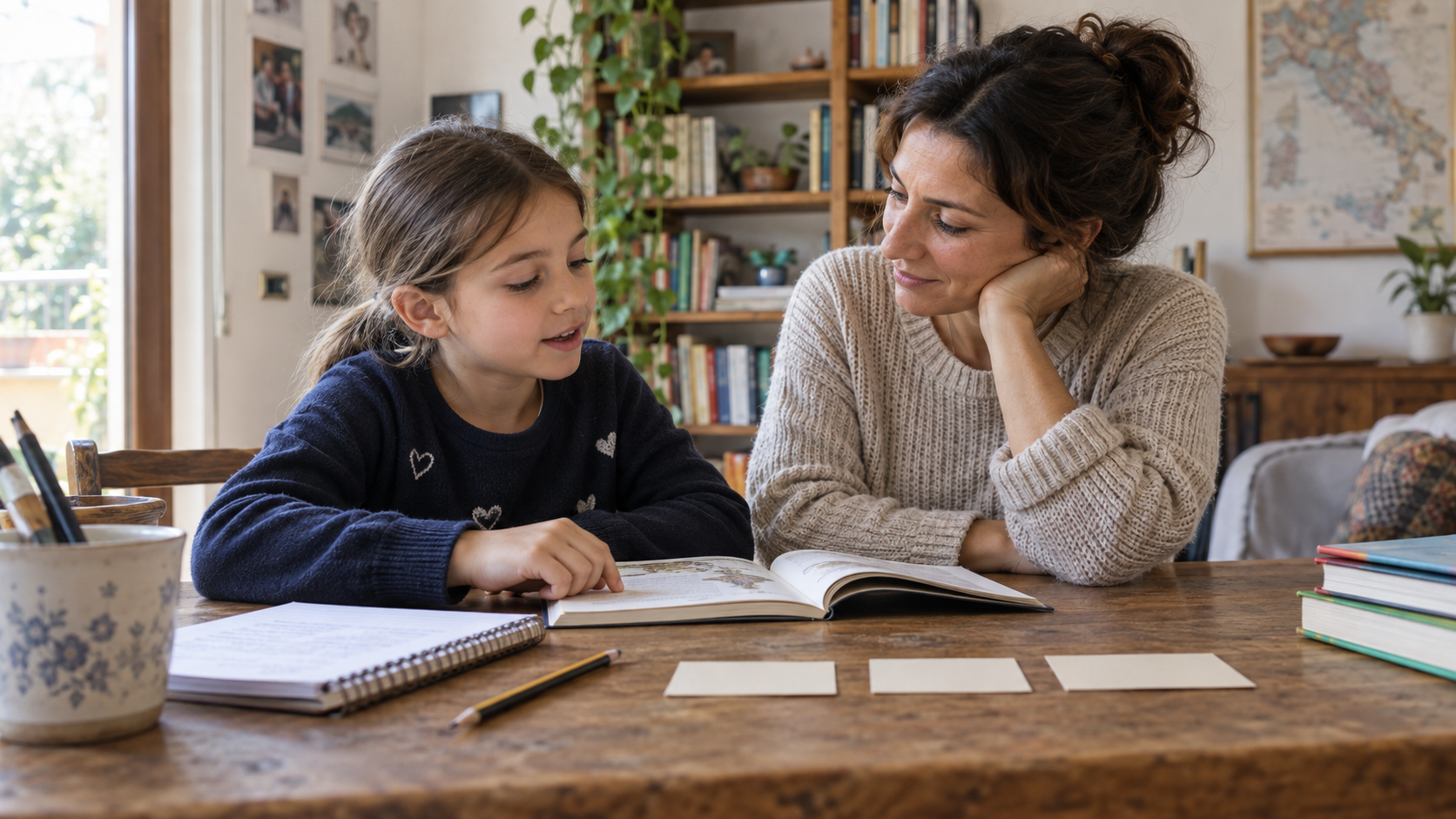 Bambina della scuola primaria e adulta leggono un libro con un quaderno e tre cartoncini sul tavolo