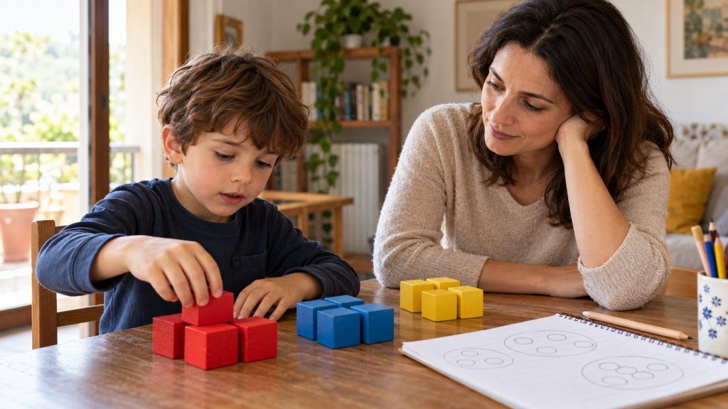 Bambino e adulto rappresentano un problema di matematica con gruppi di mattoncini su un tavolo